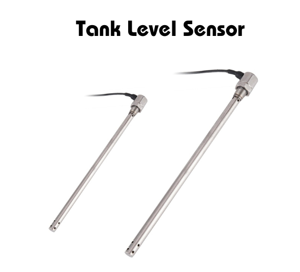 Two stainless steel tank level sensors with cables, used for measuring liquid levels in tanks